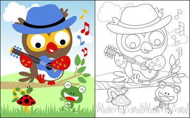 coloring book or page with owl cartoon playing music with friends