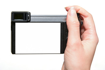 Woman hands hold photo camera, isolated on white, blank empty screen.