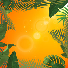Fototapeta na wymiar Web summer banner. Green palm leaves template on yellow sunny background. Summer vector abstract illustration. Realistic picture tropical Paradise for travel and ticket sales.