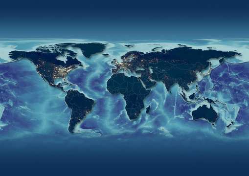 2D illustration of the map of the world in relief depiction with europe in the centre, versions including borders and meridians