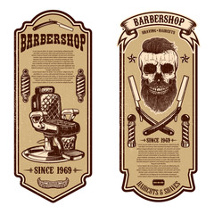 Barber shop flyer template. Barber chair and skull on white background. Design element for emblem, sign, poster, card, banner.