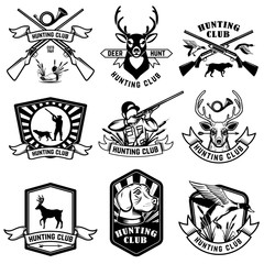 Set of hunting emblems. Hunting weapon, animals and design elements.