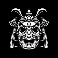illustration of samurai helmet in tattoo style isolated on dark background. Design element for emblem, sign, poster, card.