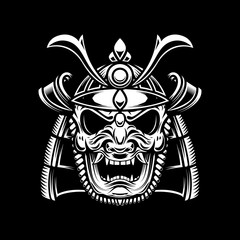 illustration of samurai helmet in tattoo style isolated on dark background. Design element for emblem, sign, poster, card.