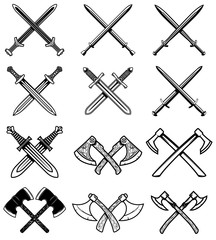Set of ancient weapon. Knight swords, axes. Design element for logo, label, emblem, sign.