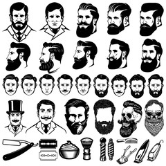 Set of vintage barber monochrome icons, men hairstyles and design elements isolated on white background. For logo, label, emblem, sign.