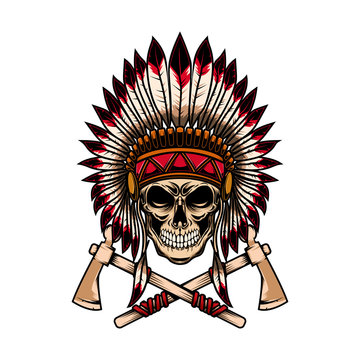 Native indian chief skull with crossed tomahawks on white background. Design element for logo, label, emblem, sign.