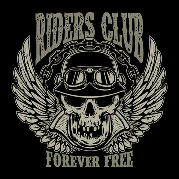 Riders club. Vintage biker emblem with winged racer skull.