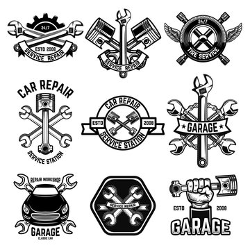 Set of car service station emblems and design elements. For logo, label, sign, banner, t shirt, poster.