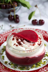 Cherry dessert and fresh cherries with leaves
