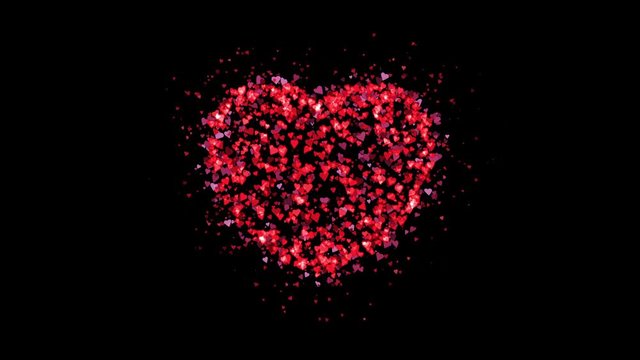 3D heart made of small hearts exploding outwards isolated on black background. Concept of love, passion, Valentine's day, wedding