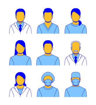 Medical staff vector flat line avatars. Hospital specialists icons. Doctors, nurses, assistants, patients, surgeon, professor. Different health care male and female professionals