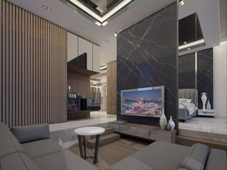 Luxury living room in penthouse,3d rendering