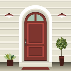 House door front with doorstep and mat, window, lamp, flowers in pots, building entry facade, exterior entrance design illustration vector in flat style