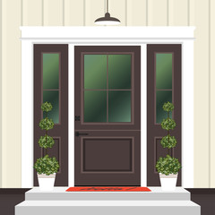 House door front with doorstep and mat, steps, window, lamp, flowers in pot, building entry facade, exterior entrance design illustration vector in flat style