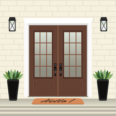 House door front with doorstep and mat, steps, window, lamp, flowers in pot, building entry facade, exterior entrance design illustration vector in flat style