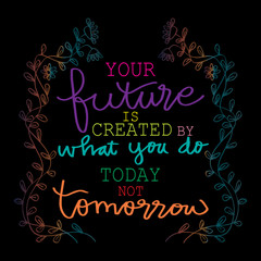 Your Future Is Created By What You Do Today Not Tomorrow. Motivational quote.