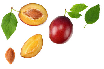fresh plum fruit with green leaf and cut plum slices isolated on white background. top view