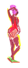 Confident black woman in a red swimming suit posing with her back turned. Sketch illustration painted in highlighter felt tip pen on clean white background