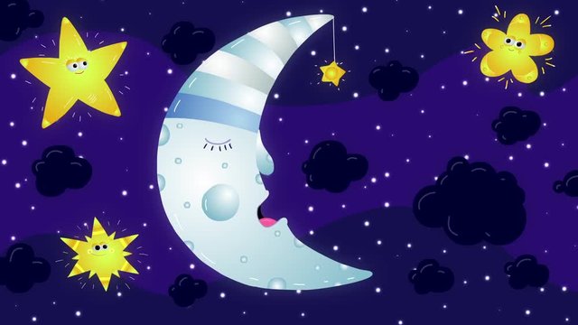 Cartoon sleeping and breathing moon and three big pulsing stars at night. 