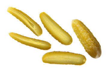 sliced marinated pickled cucumbers isolated on white background. top view