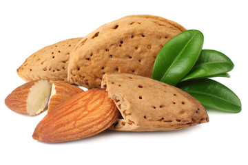 almond with green leaves isolated on white background
