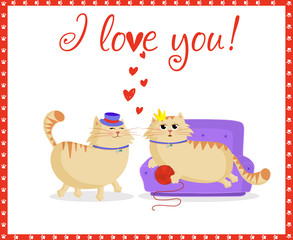 I love you greeting card with funny cartoon cats couple in love.