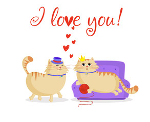 Fototapeta premium I love you greeting card with kawaii cartoon cats couple in love.
