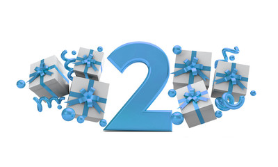 Number 2 blue birthday celebration number with gift boxes. 3D Rendering