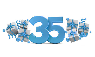 Number 35 blue birthday celebration number with gift boxes. 3D Rendering