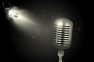Realistic retro microphone and spotligh on dark background, vector illustration