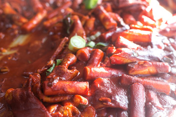 Tteokbokki, Korean spicy rice cake, is a popular street food