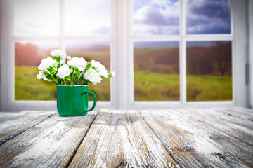 Table background of spring time and window space 