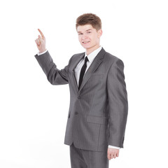 businessman pointing up on copy space. isolated on a white background.
