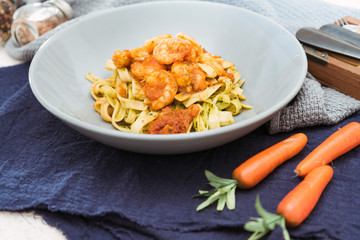 Pasta with Shrimp Dinner Dish on a the table