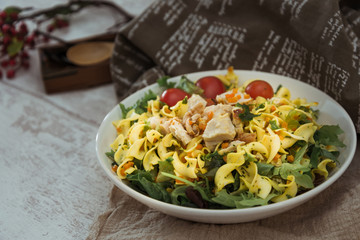 Roasted Chicken Cooked Twists and Mustard Sauce salad