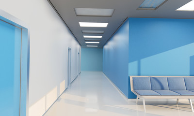 Empty Corridor by the Waiting Hall in a Hospital 3D Rendering