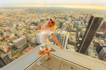 Los Angeles arial skyline in California, United States at sunset. Travel and tourism american...