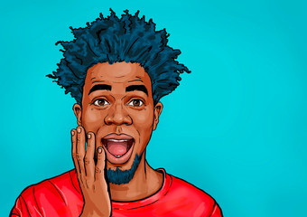 Portrait of black man  says wow with open mouth to see something unexpected. Shocked  guy with surprised expression. Emotions concept - obrazy, fototapety, plakaty