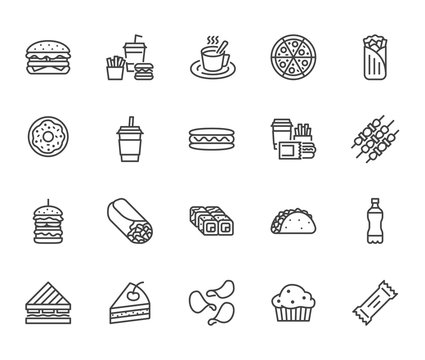 Junk food flat line icons set. Burger, fast snacks, sandwich, french fries, hot dog, mexican burrito, pizza vector illustrations. Thin signs for restaurant menu. Pixel perfect 64x64. Editable Strokes