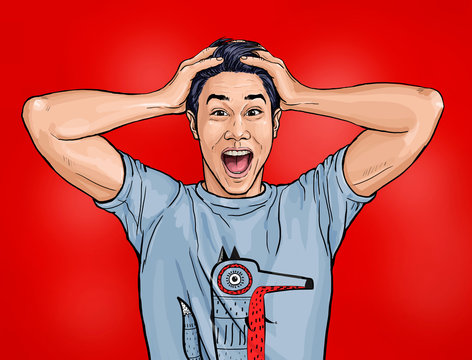 Portrait of amazed asian man  says wow with open mouth to see something unexpected. Shocked  guy with surprised expression. Emotions concept.Happy men.Technology design