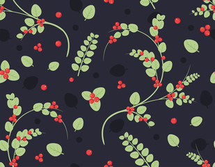 Seamless, vector pattern of leaves and red berries on a dark background. Natural lingonberry pattern.