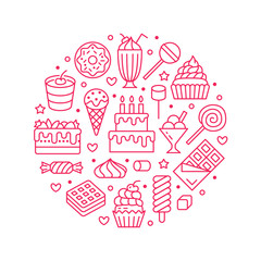 Sweet food round poster with flat line icons. Pastry vector illustrations lollipop, chocolate bar, milkshake, ice cream, birthday cake, donut, candy shop. Cute pink circle brochure for confectionery
