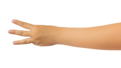 Human hand in reach out one's hand and counting number three fingers gesture isolate on white background with clipping path, High resolution and low contrast for retouch or graphic design
