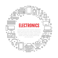 Fototapeta na wymiar Electronics circle poster with flat line icons. Wifi internet connection technology signs. Computer, smartphone, laptop, fax, game controller, keyboard. Vector illustration for devices store brochure