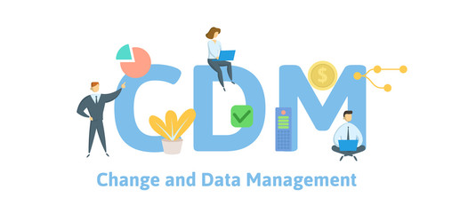 CDM, Change and Data Management. Concept with keywords, letters and icons. Colored flat vector illustration. Isolated on white background.