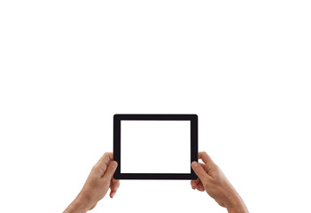 Man holds tablet, white screen and isolated background.