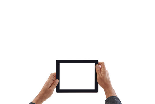 Man hand holding tablet, isolated white screen, white background. Man hand and finger style.