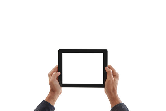Man is holding tablet horizontal style, hand holding taking a photo, isolated screen white background.