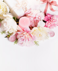 Delicate white pink peony with petals flowers and white ribbon on wooden board. Overhead top view, flat lay. Copy space. Birthday, Mother's, Valentines, Women's, Wedding Day concept